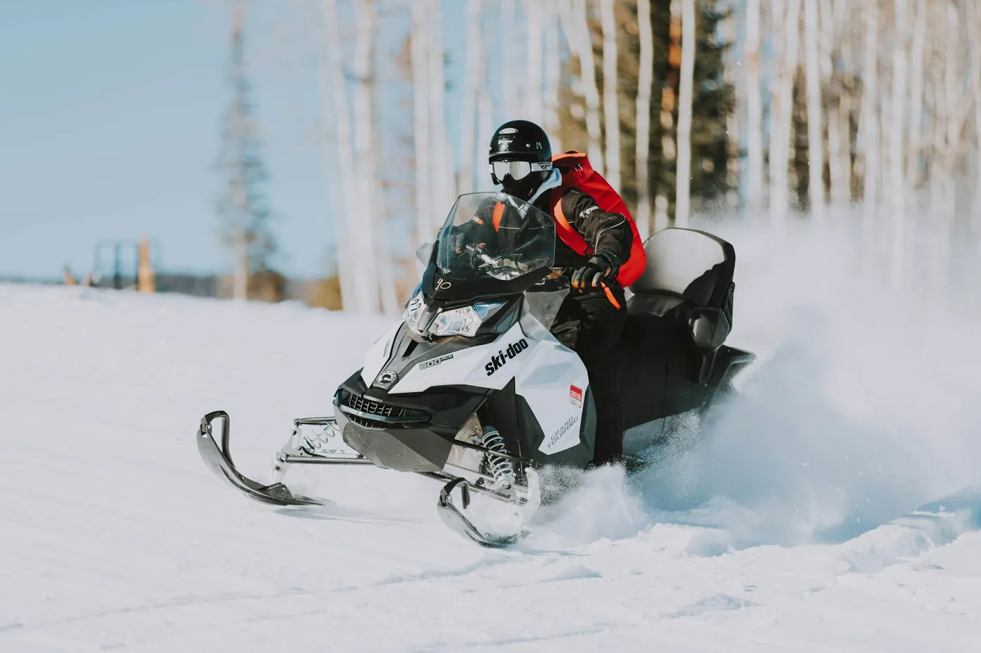 A rider in a helmet and red jacket driving a white snowmobile through powder snow past a stand of bare birch trunks